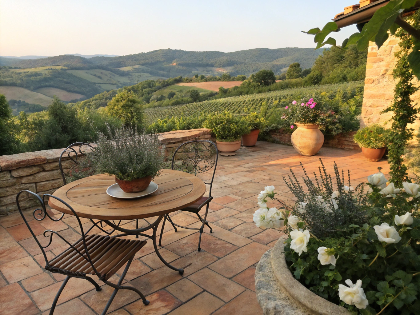 Spacious sunlit living suite with rustic Tuscan stone hearth and linen furnishings