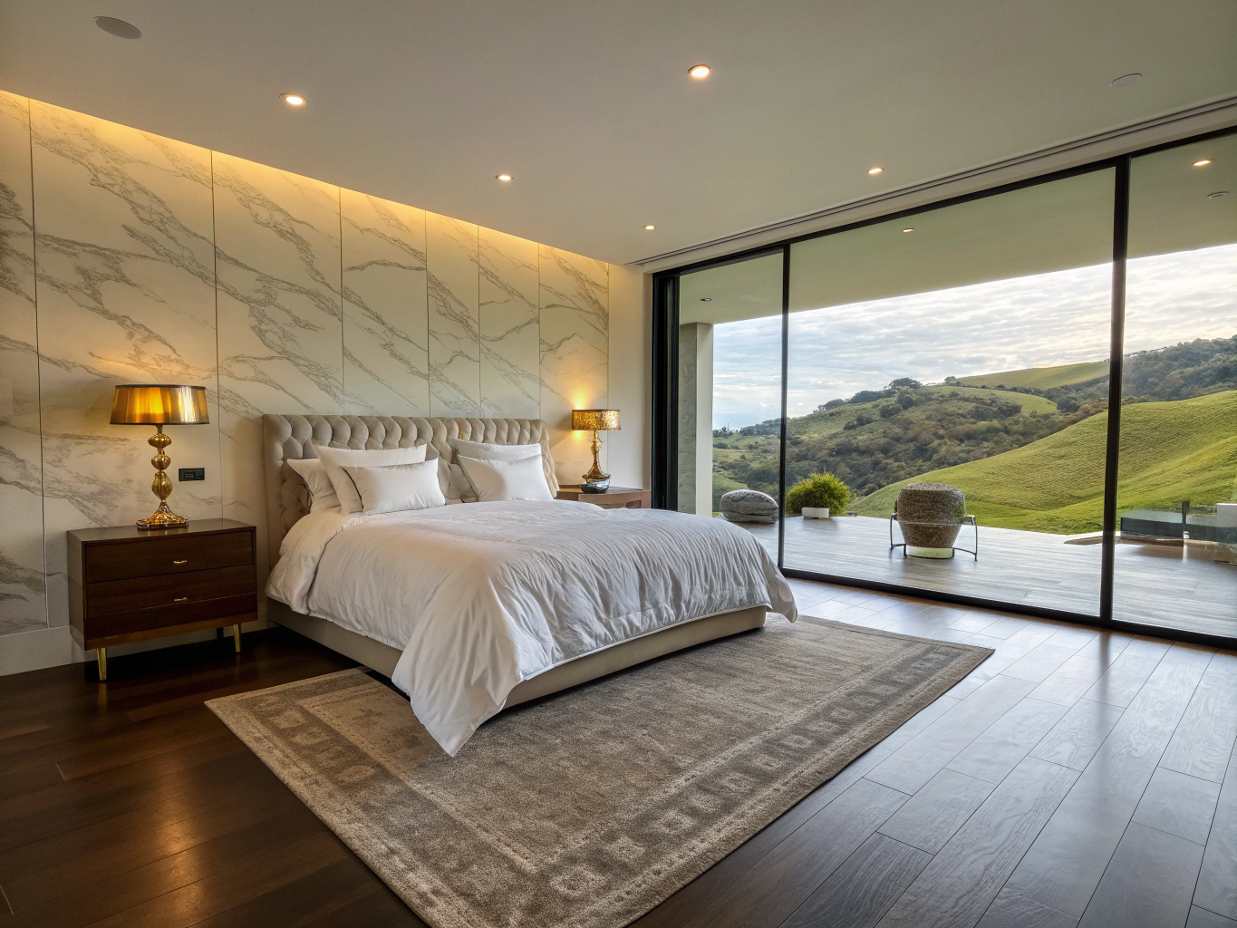 Bedroom with panoramic view over rolling Tuscan landscape through historic arched windows