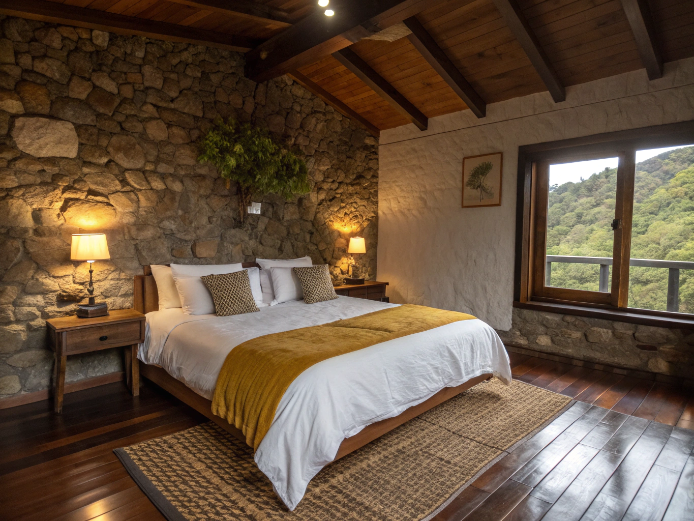 Cozy romantic suite overlooking an apple garden with natural wood and woven textures