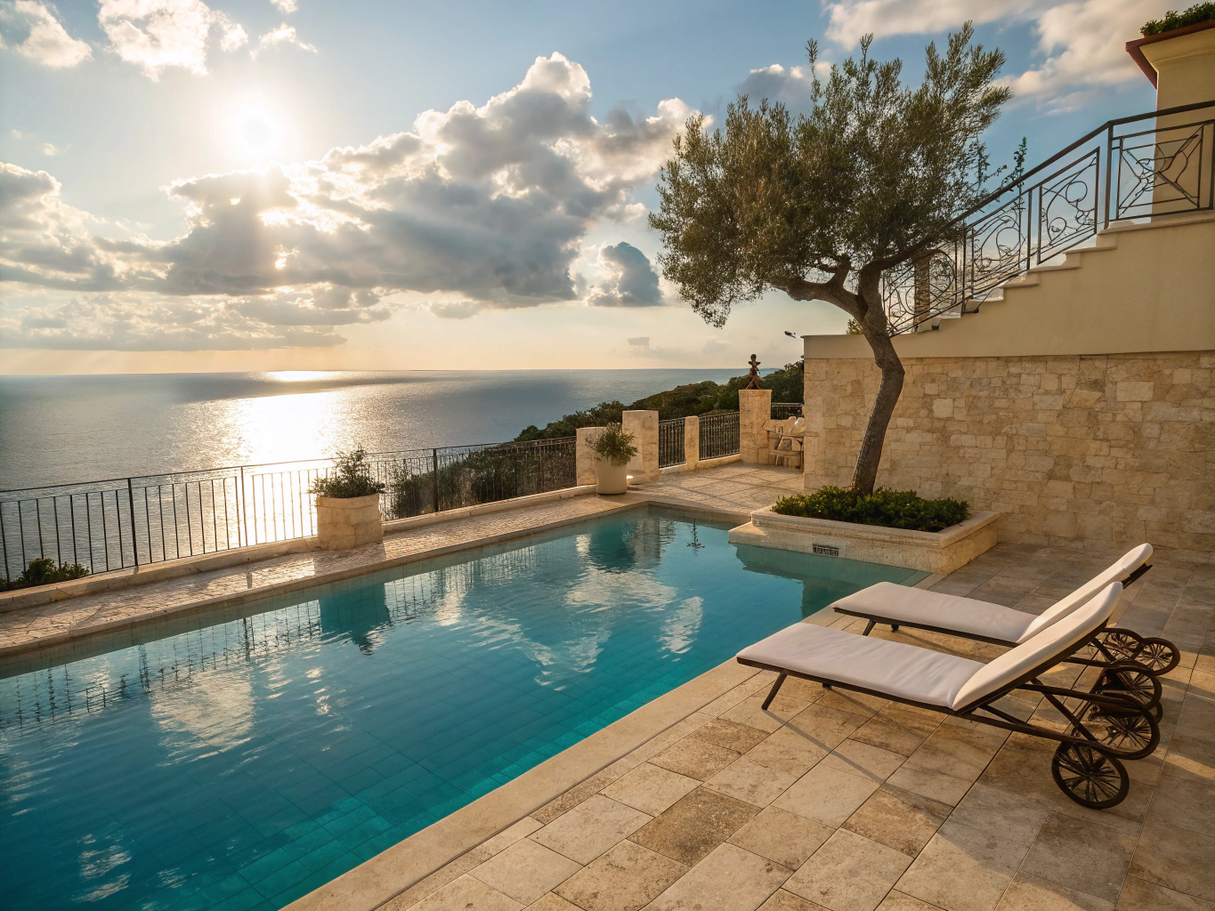 Sunny garden terrace and clear stone plunge pool at Casa Moricciani overlooking Val d'Orcia hills