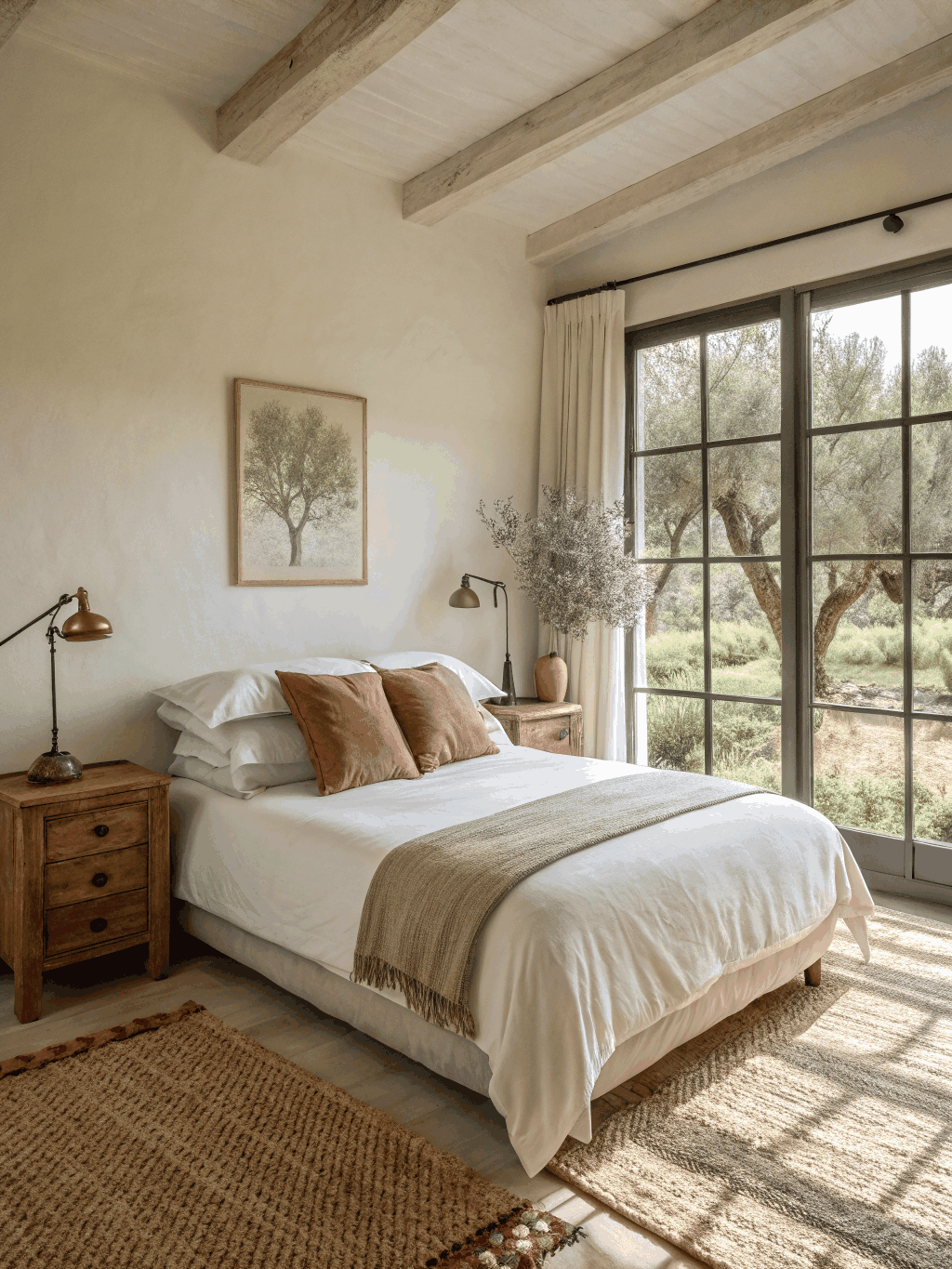 Sunlit bedroom with crisp linen, Locherber bath amenities, and views over Val d'Orcia