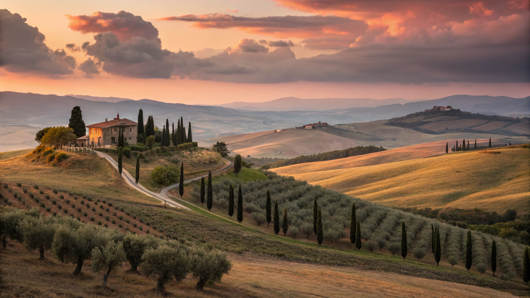Panoramic view over the Tuscan hills from Casa Moricciani in Castelmuzio