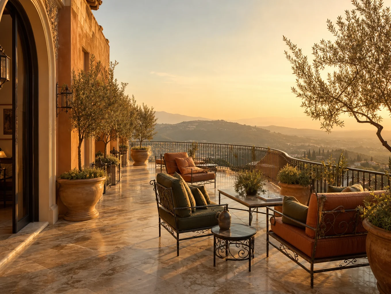 Private terrace of Le Casine di Castello with stone balustrade overlooking the Val d'Orcia landscape