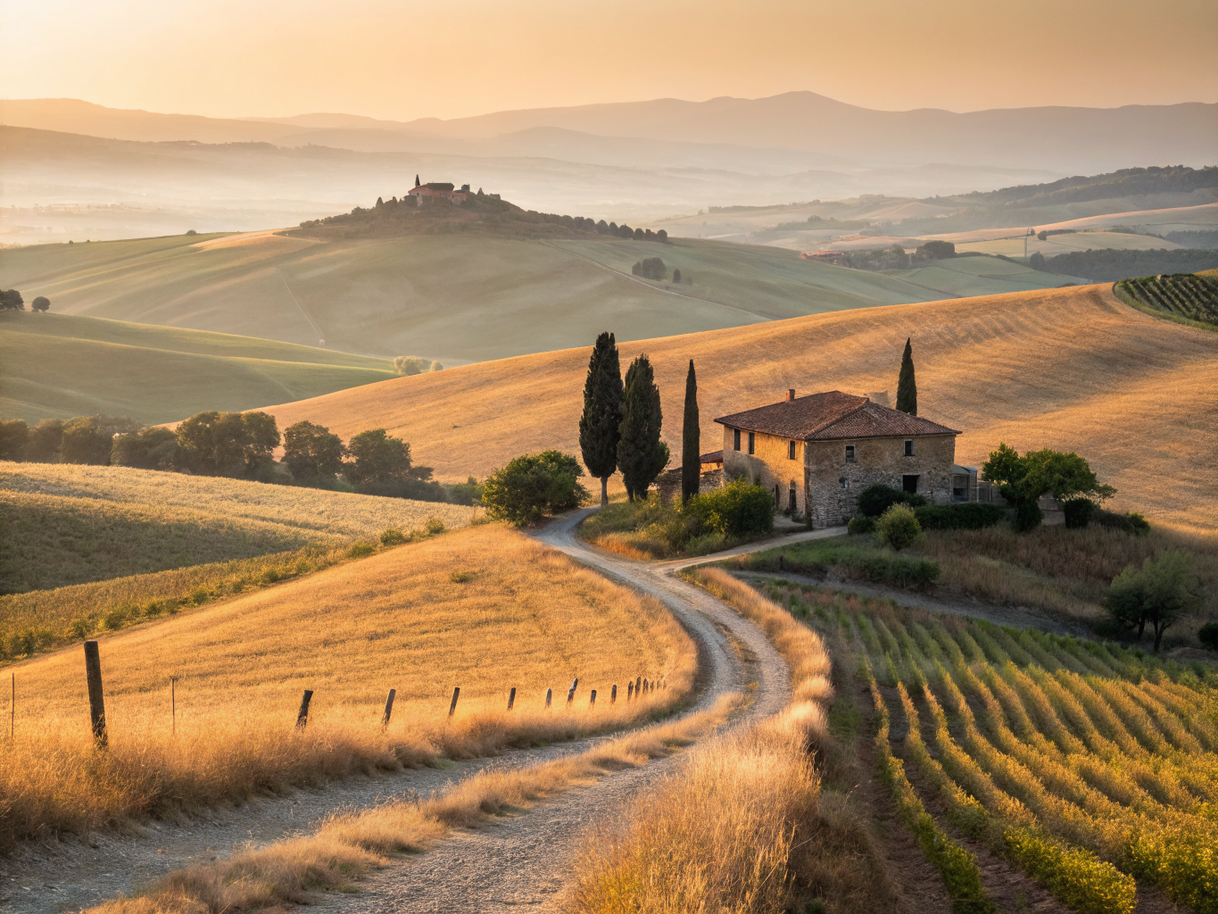 Panoramic golden hour view over the hilltop hamlet of Castelmuzio and Val d'Orcia rolling hills