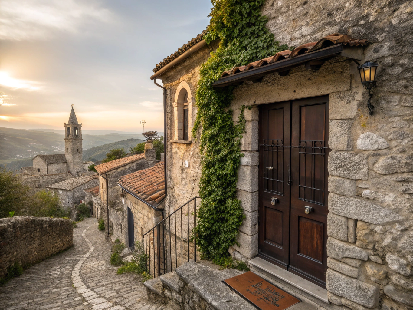 Le Casine di Castello rustic stone entrance along a quiet cobblestone alley