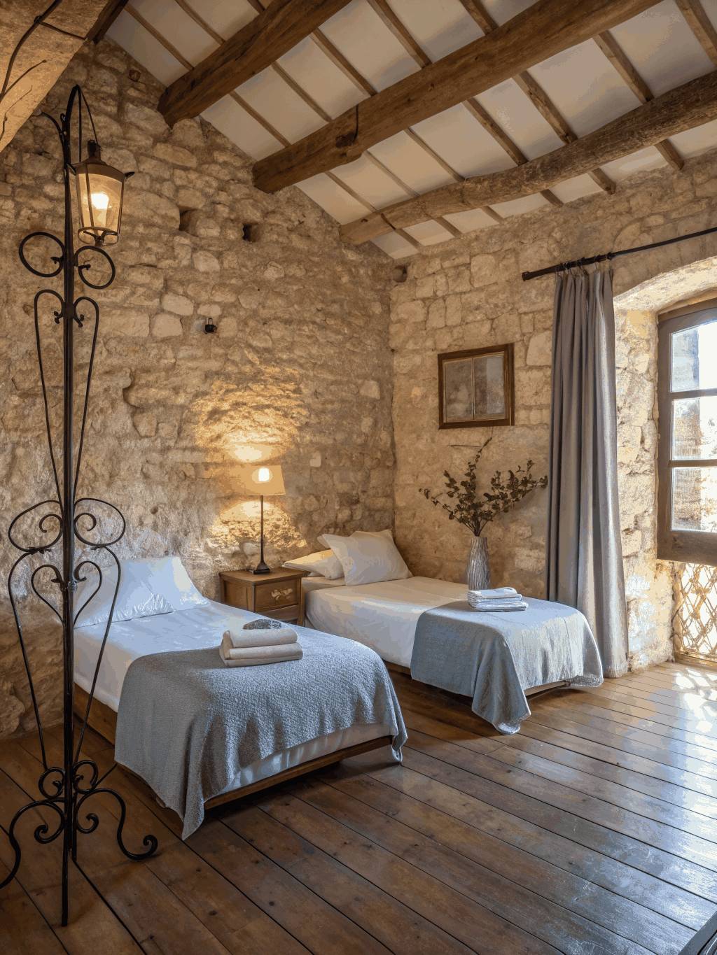 Intimate stone bedroom in Il Nido apartment with soft linen bedding