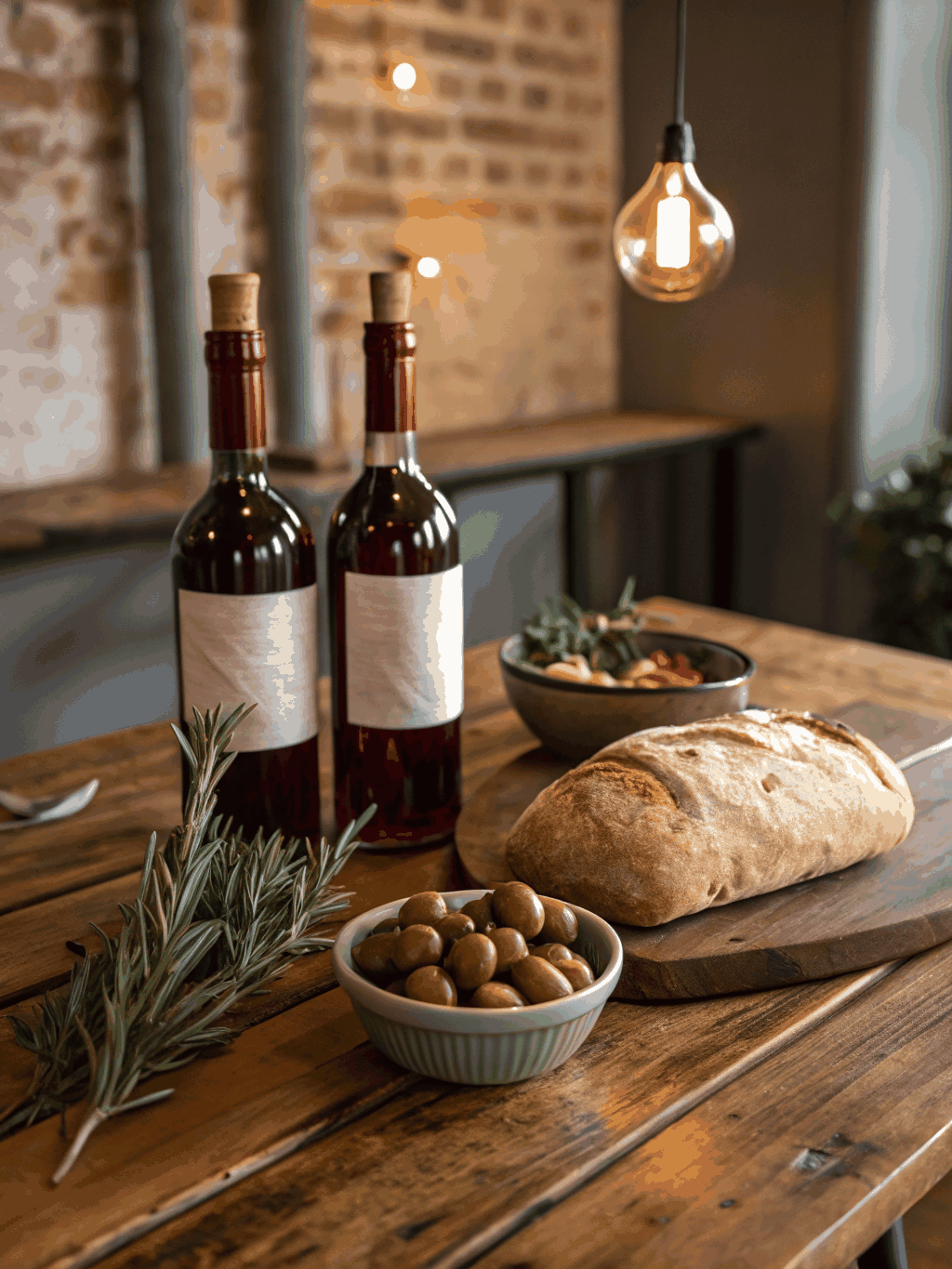 Sunlight on a rustic Tuscan trattoria table with bread, olive oil, and wine in Castelmuzio