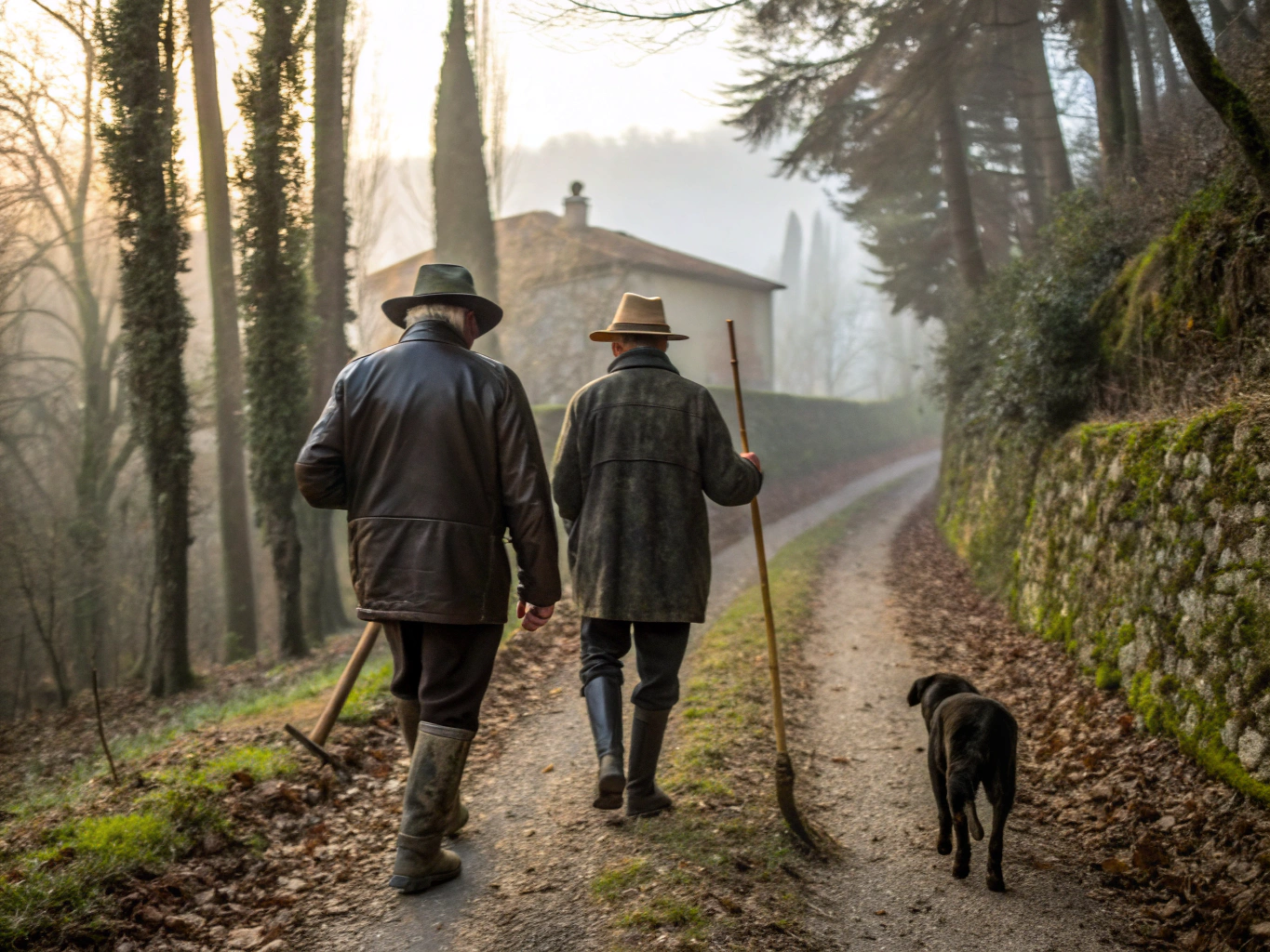 Truffle hunter and dog searching in the morning mist of Tuscan oak woods