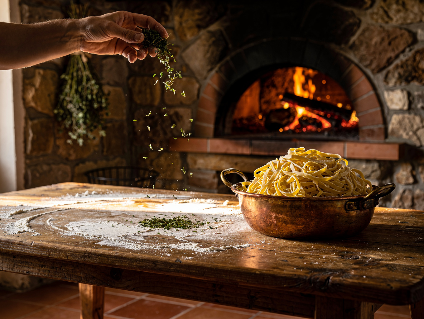 Flour, wooden rolling pins, and hand-rolled fresh pasta on a stone kitchen table