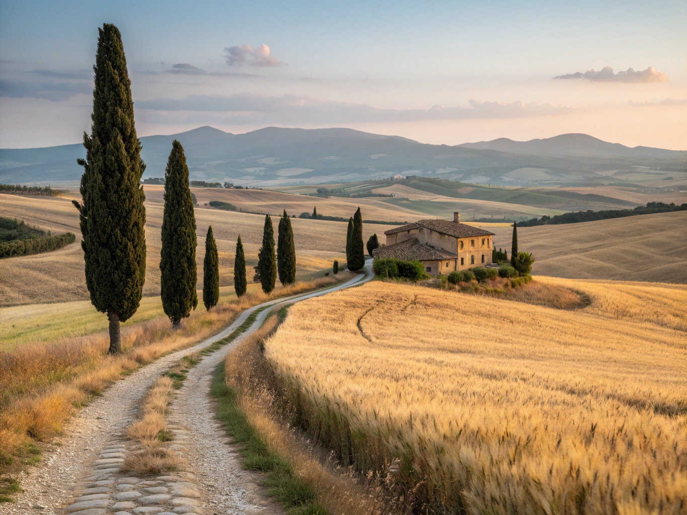 Panoramic morning light rolling over the golden hills of Val d'Orcia