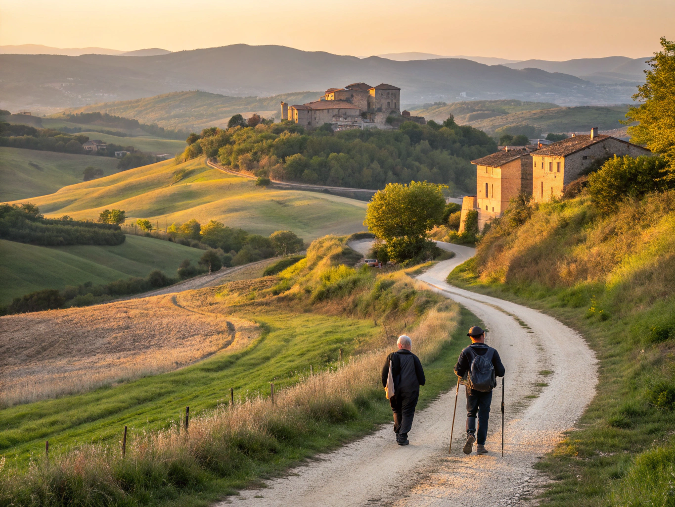 Gentle dirt trail winding through Tuscan rolling hills and cypress trees