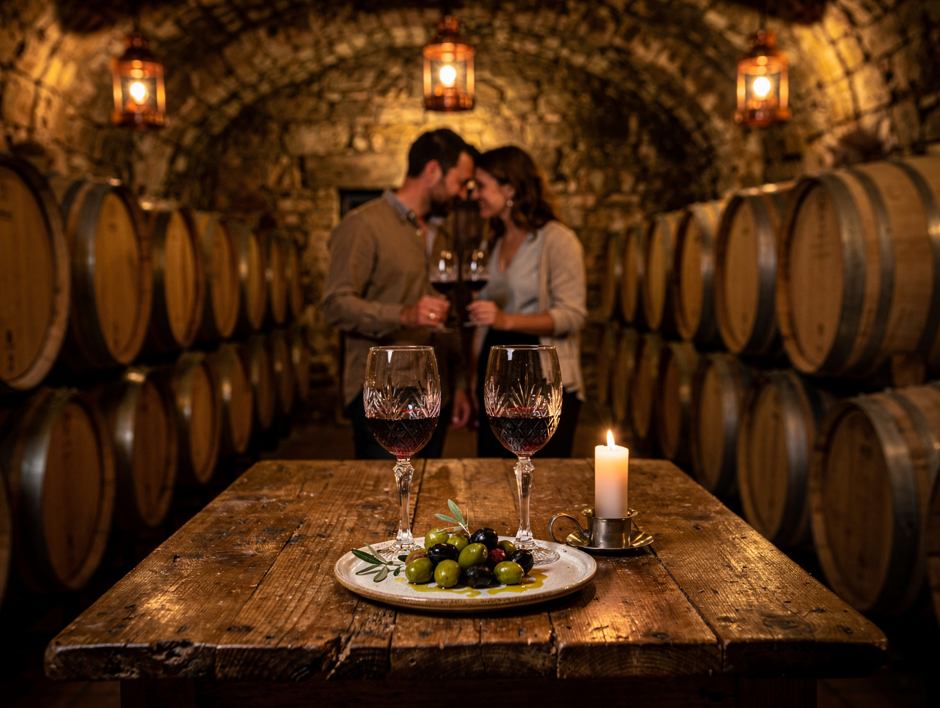 Wine glasses and rustic bottles during a cellar tasting in Val d'Orcia